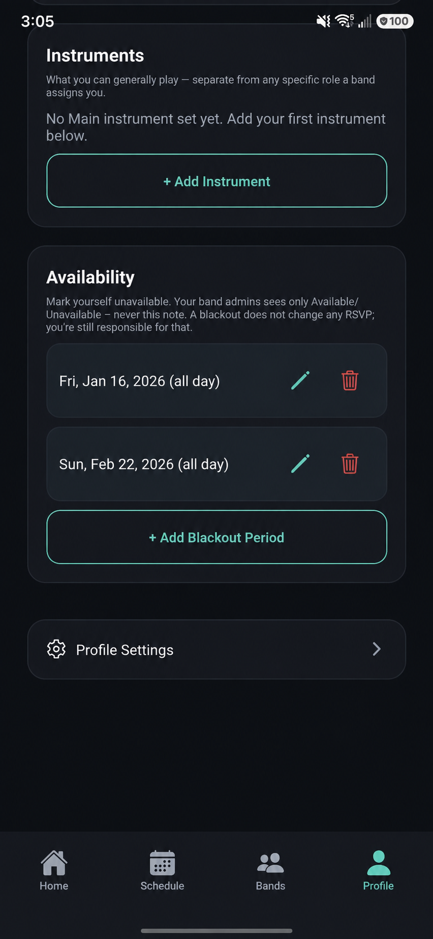 SetToGig availability screen showing blackout dates and an option to add another blackout period.