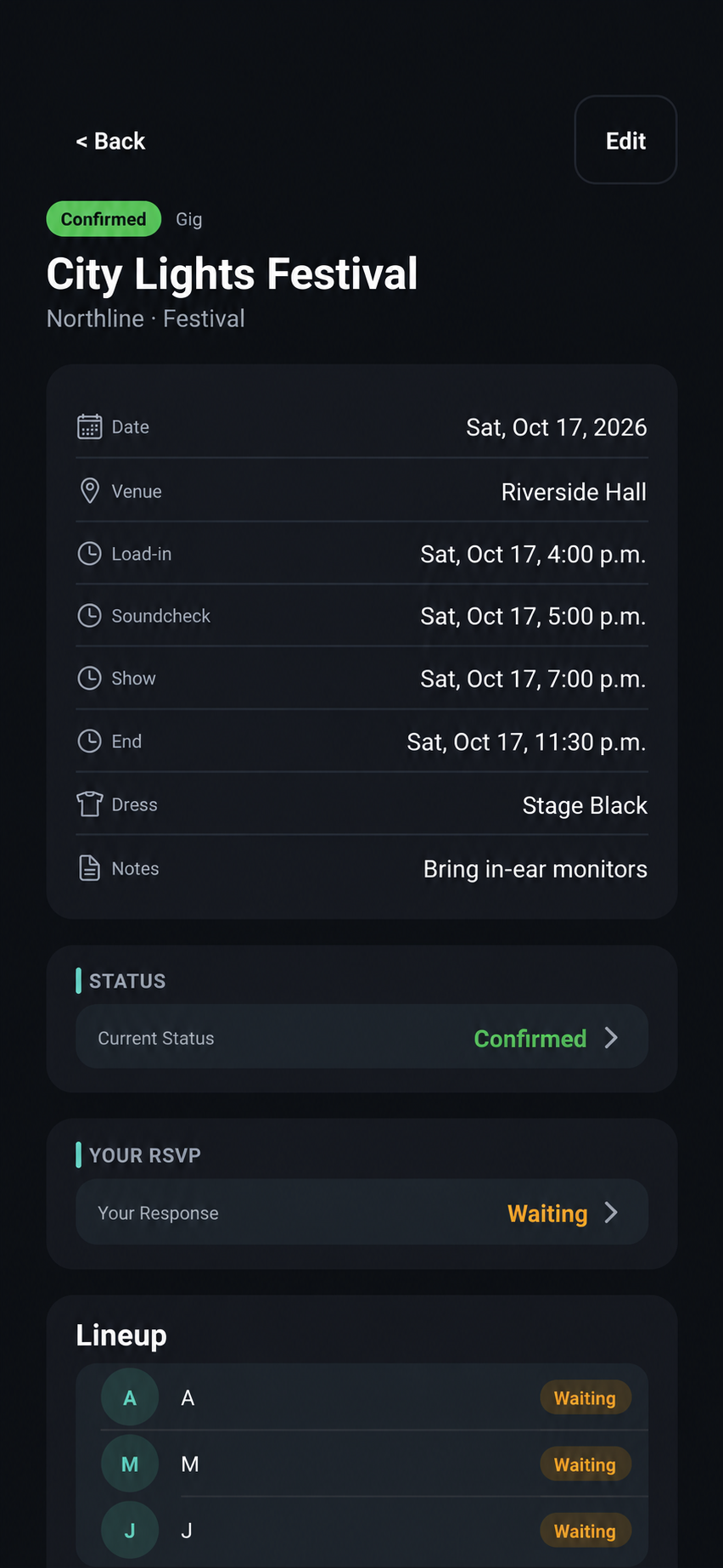 SetToGig gig detail screen showing a City Lights Festival date, venue, timing, notes, and RSVP section.
