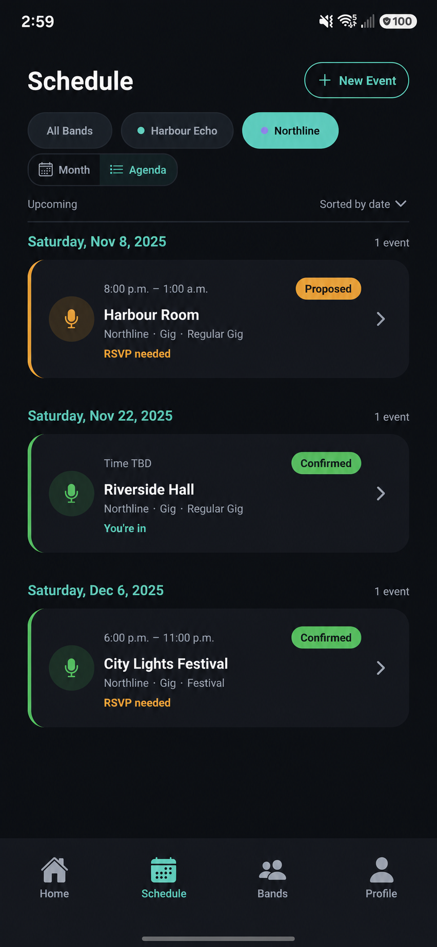 SetToGig schedule agenda screen listing upcoming gigs with their RSVP status.