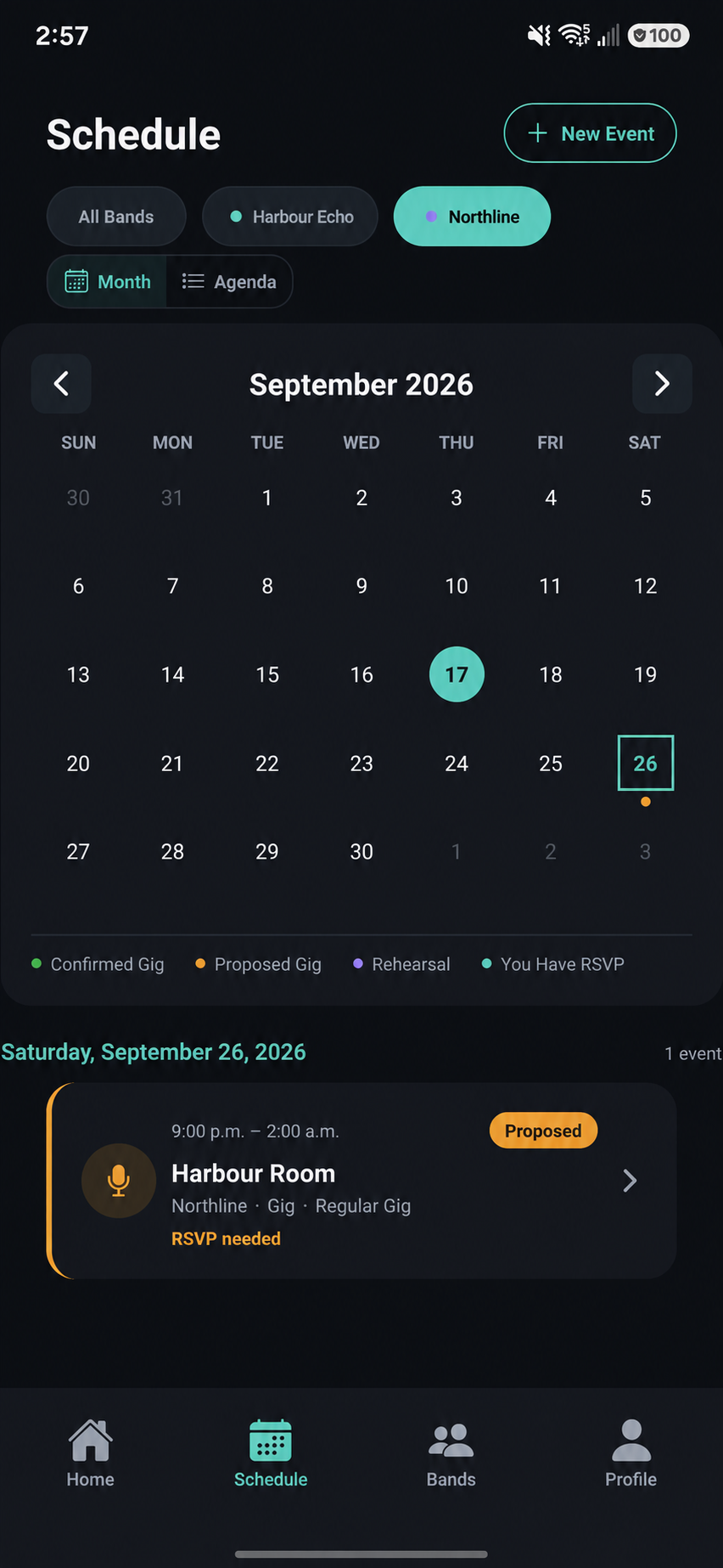 SetToGig schedule month screen showing a September 2026 calendar and a proposed Harbour Room gig.